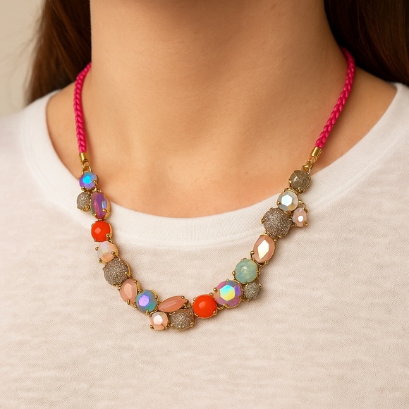 Boho Glam Beaded Statement Necklace – Multicolor Gems on Hot Pink Cord CLEARANCE - Picture 1 of 6